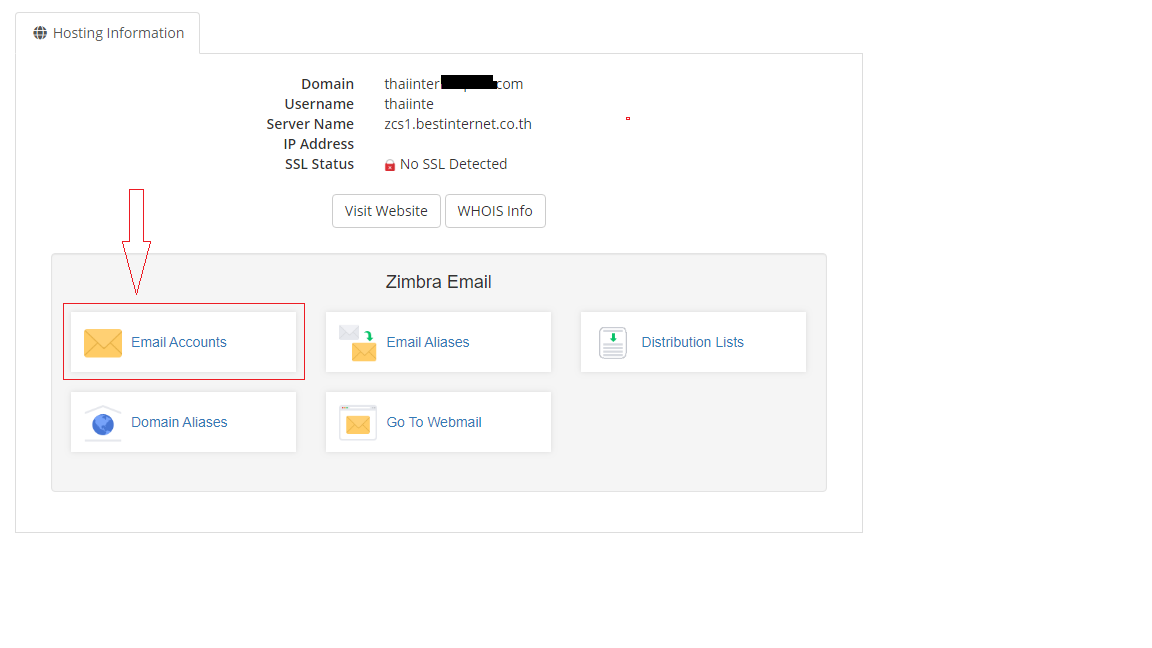 วิธีจัดการ Email Account Zimbra by Best IDC
1. ให้เข้าสู่ระบบที่ลิงค์ : https://my.bestinternet.co.th/clientarea.php
2. เข้าดูรายการ บริการที่ใช้งานอยู่กับ Best IDC ที่เมนู SERVICE
3. คลิกเข้าไปที่เมนู MailHost 
4. จะพบเมนูจัดการต่างๆ เกี่ยวกับ EMAIL 
4.1 เลือกเมนู Email Account เพื่อที่จะเพิ่ม , ลบ , แก้ไข ,เปลี่ยนรหัสผ่าน
5. คลิกที่ Add Mailbox (ปุ่มสีเขียว) เพื่อเพิ่มอีเมล์
6. กรอก ชื่อ นามสกุล ชื่ออีเมล์ รหัสผ่าน และข้อมูลอื่นๆ ที่ต้องการจะใช้งาน